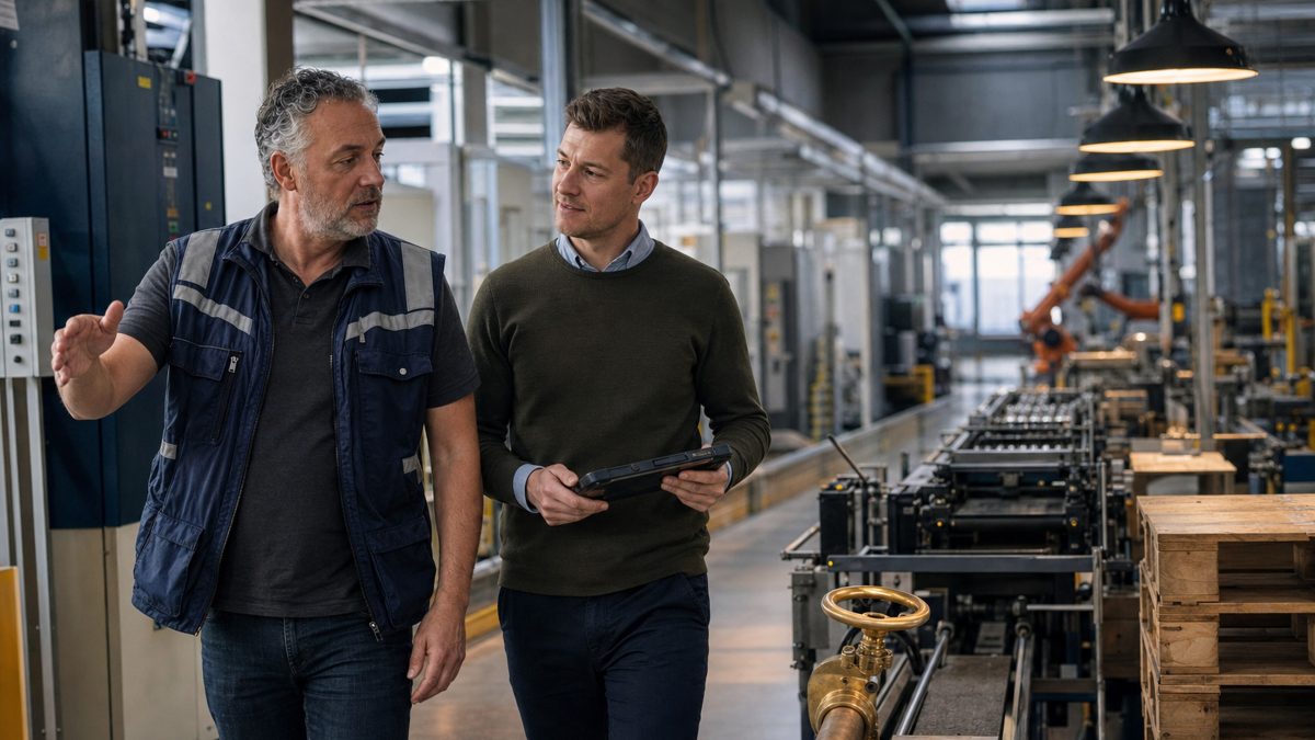 Twee collega's in gesprek tijdens een rondgang door een productiehal