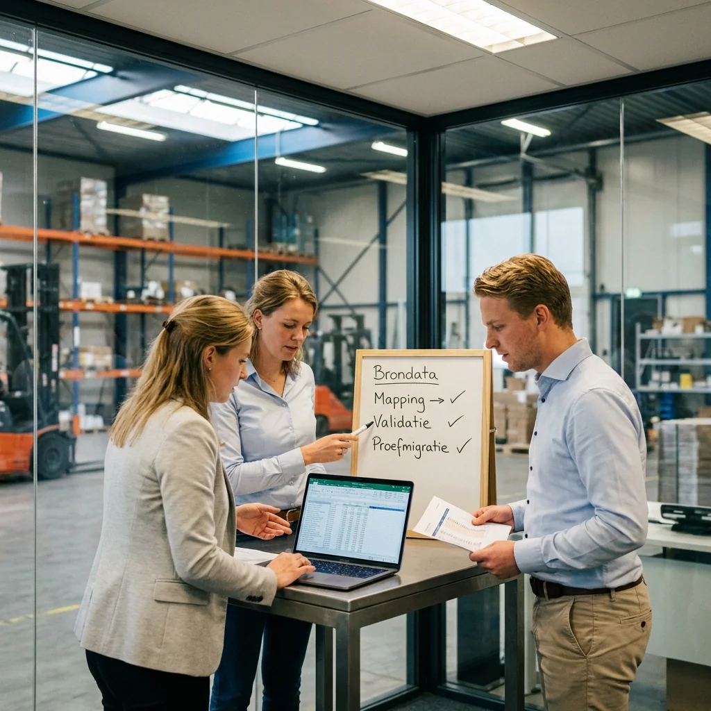 Drie collega’s bespreken een datamigratie bij een whiteboard met brondata, mapping, validatie en proefmigratie