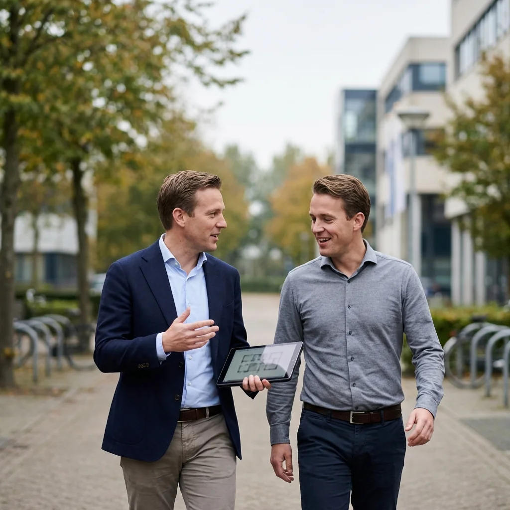 Twee medewerkers overleggen over voorraad en orderstroom in een distributiecentrum