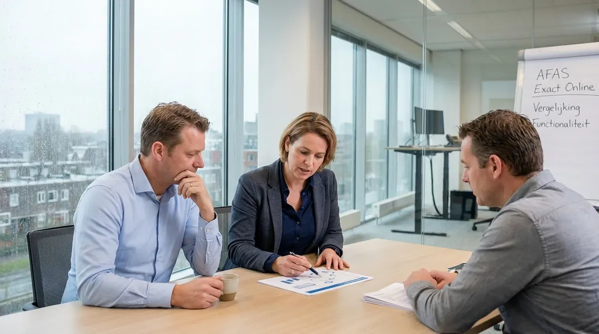 Three colleagues comparing AFAS and Exact Online at a meeting table