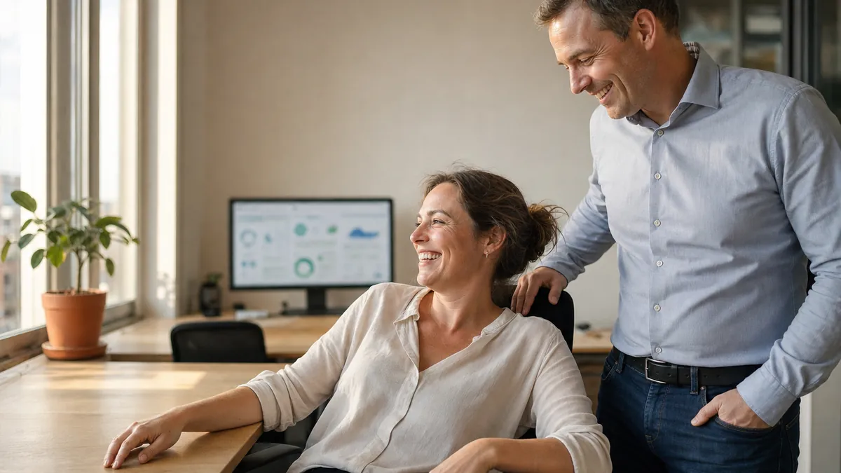 Project manager leaning back in relief after a successful ERP go-live, with a colleague beside him