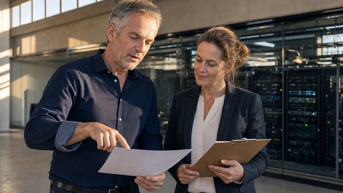 Two colleagues reviewing a document in front of a server room