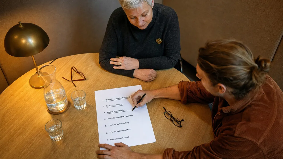 Inkoopmanager en consultant bespreken aan tafel een papieren lijst met zeven criteria